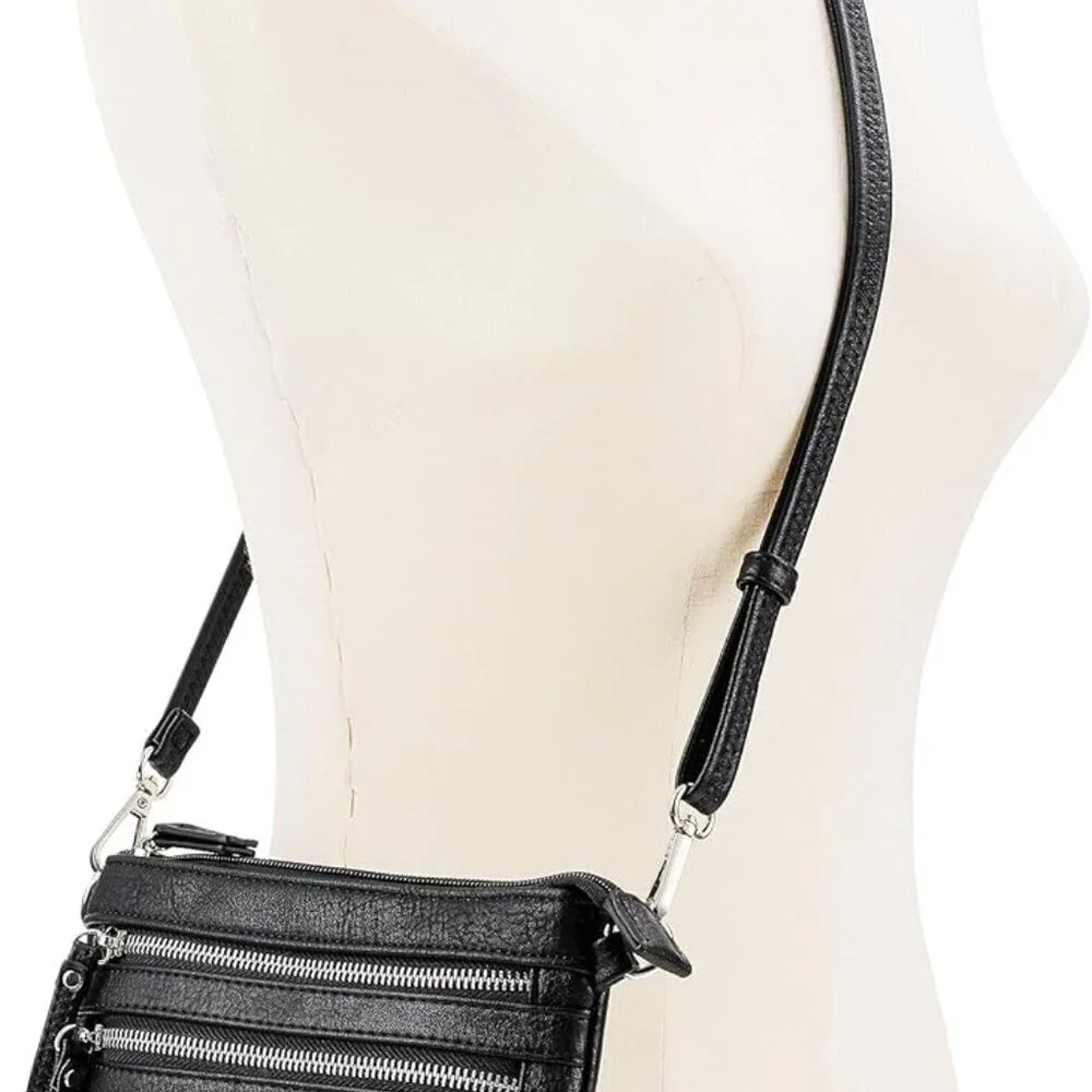 Vegan Faux Leather Mini Crossbody Handbag with Zipper Pockets and Tassel